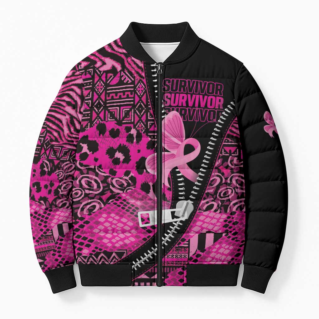 Pink Ribbon Animals Skin African Mixed Bomber Puffer Jacket Zipper Stylized