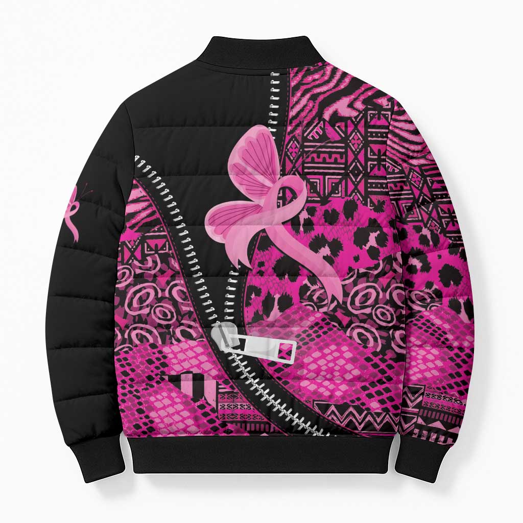 Pink Ribbon Animals Skin African Mixed Bomber Puffer Jacket Zipper Stylized