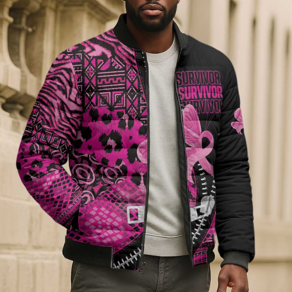 Pink Ribbon Animals Skin African Mixed Bomber Puffer Jacket Zipper Stylized