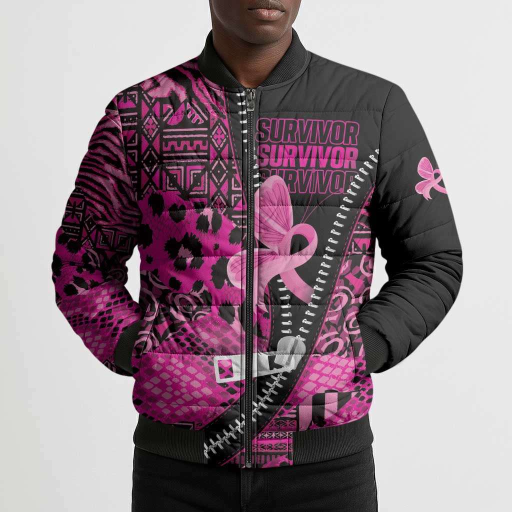 Pink Ribbon Animals Skin African Mixed Bomber Puffer Jacket Zipper Stylized