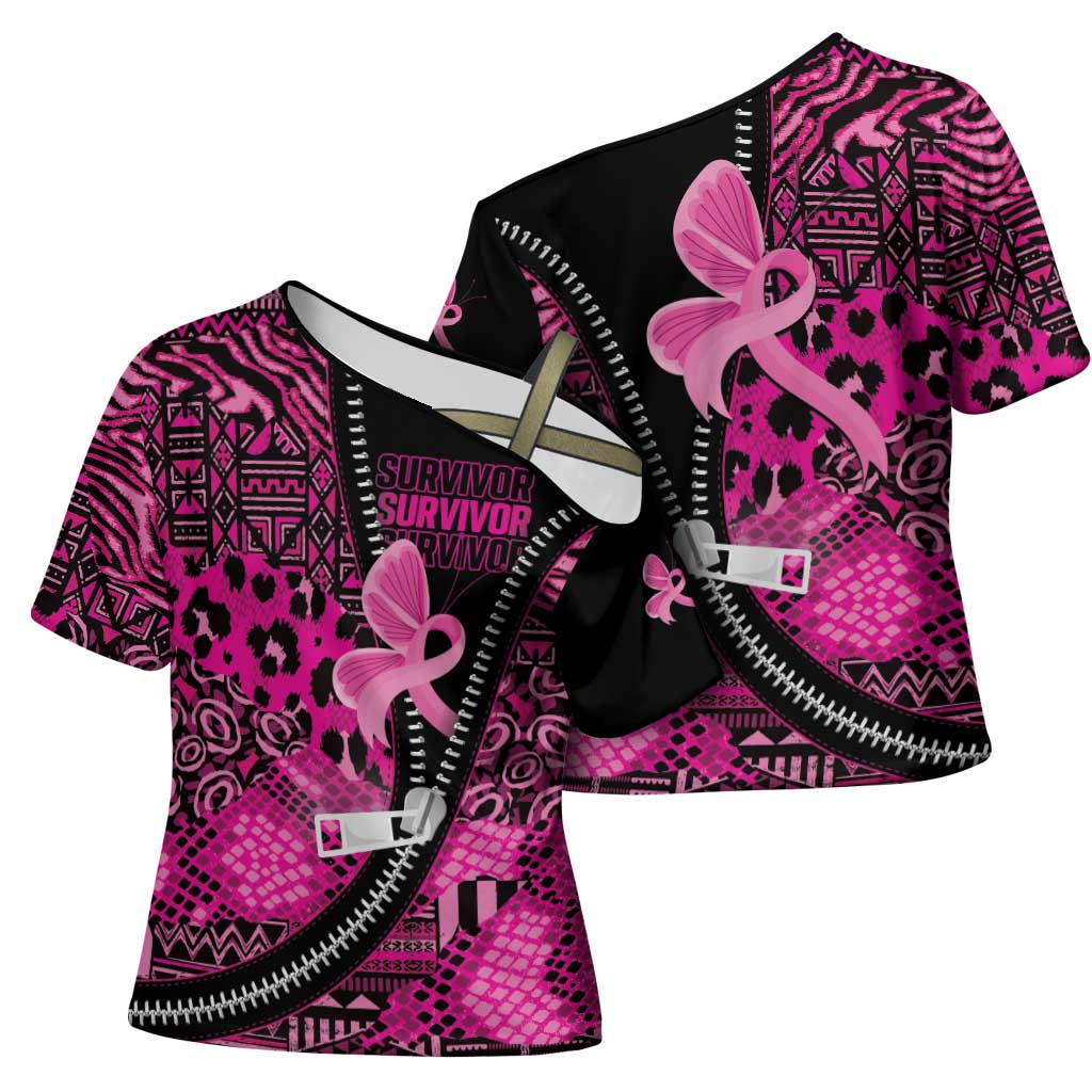 Pink Ribbon Animals Skin African Mixed Cross Shoulder Shirt Zipper Stylized