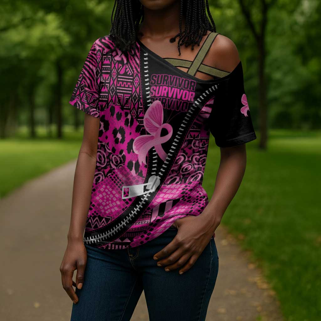 Pink Ribbon Animals Skin African Mixed Cross Shoulder Shirt Zipper Stylized