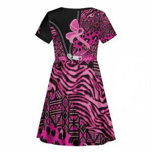 Pink Ribbon Animals Skin African Mixed Kid Short Sleeve Dress Zipper Stylized - African Pride