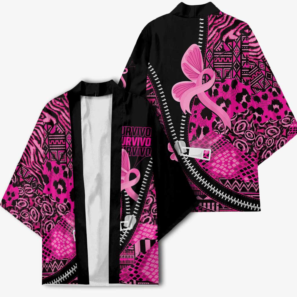 Pink Ribbon Animals Skin African Mixed Kimono Zipper Stylized