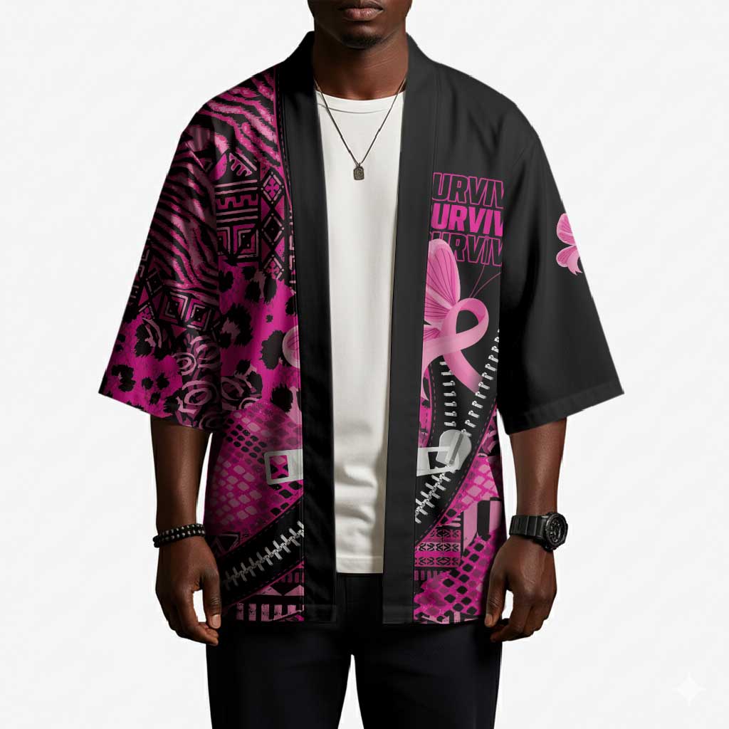 Pink Ribbon Animals Skin African Mixed Kimono Zipper Stylized