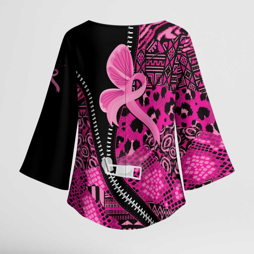 Pink Ribbon Animals Skin African Mixed Kimono Sleeve Blouse Zipper Stylized