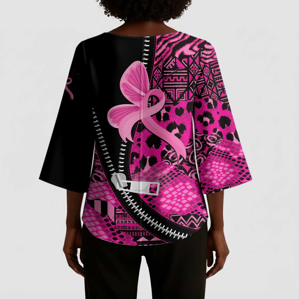 Pink Ribbon Animals Skin African Mixed Kimono Sleeve Blouse Zipper Stylized
