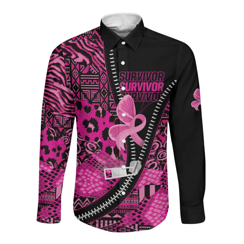Pink Ribbon Animals Skin African Mixed Long Sleeve Button Shirt Zipper Stylized - African Pride