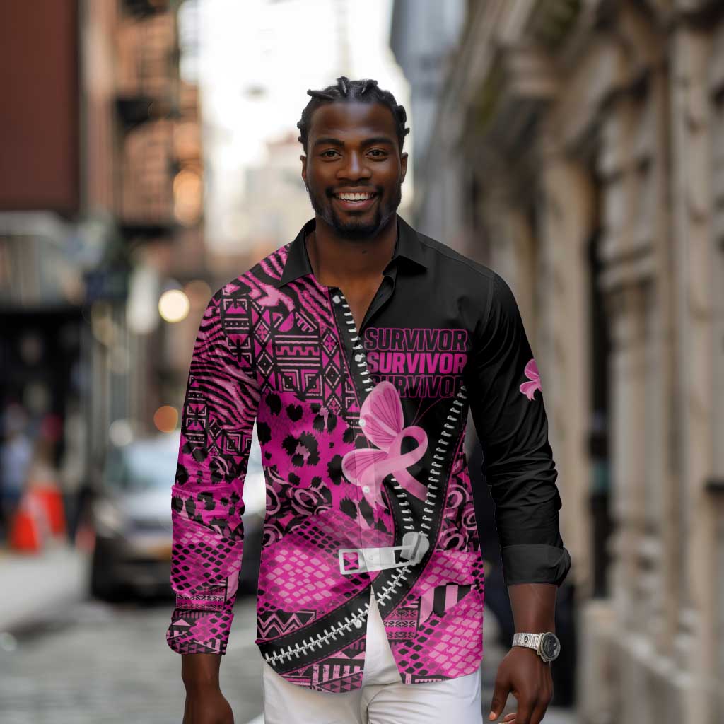 Pink Ribbon Animals Skin African Mixed Long Sleeve Button Shirt Zipper Stylized - African Pride