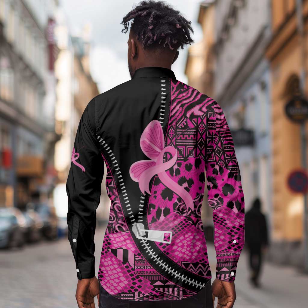 Pink Ribbon Animals Skin African Mixed Long Sleeve Button Shirt Zipper Stylized - African Pride