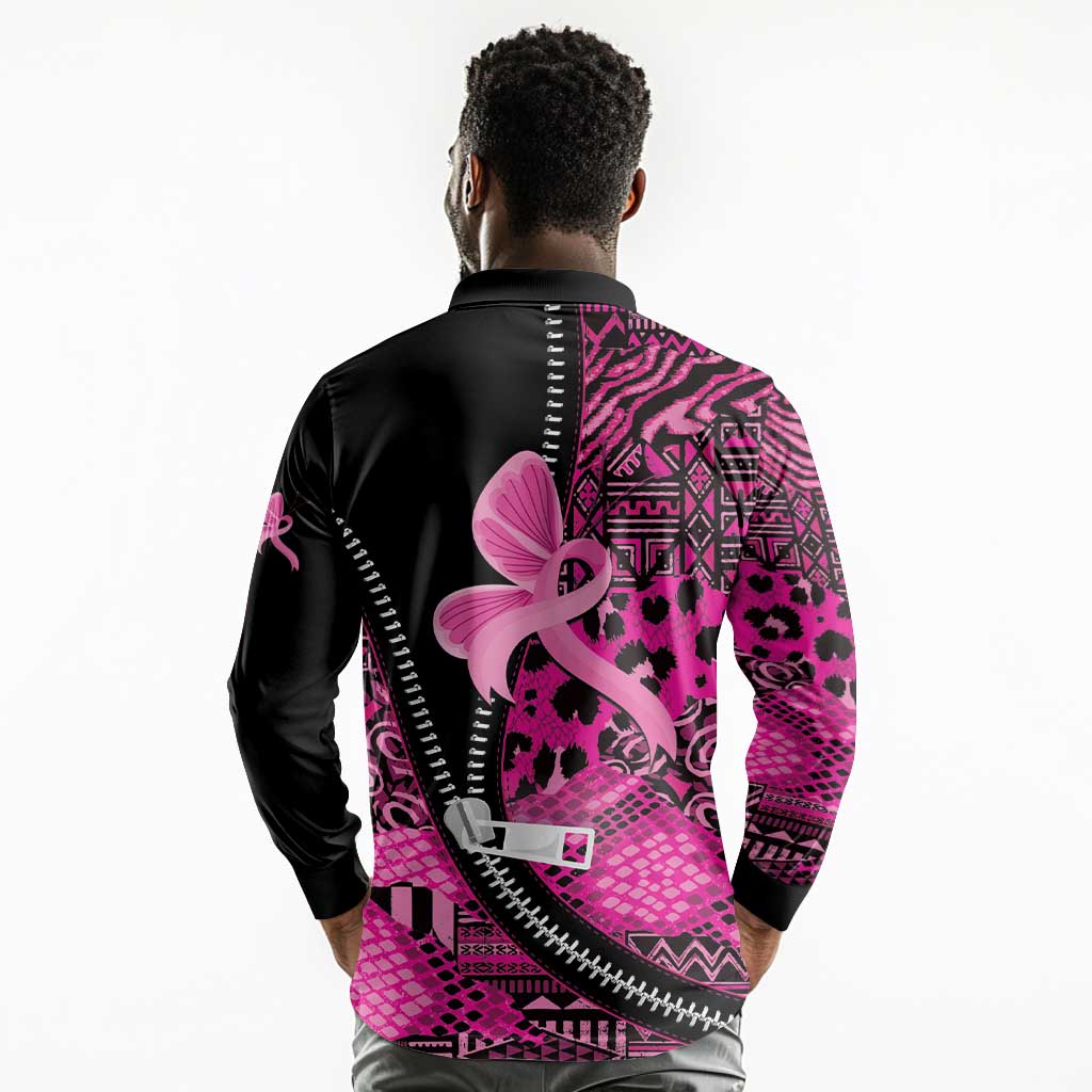 Pink Ribbon Animals Skin African Mixed Long Sleeve Polo Shirt Zipper Stylized - African Pride
