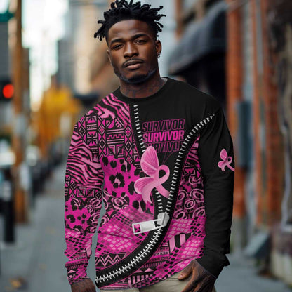 Pink Ribbon Animals Skin African Mixed Long Sleeve Shirt Zipper Stylized - African Pride
