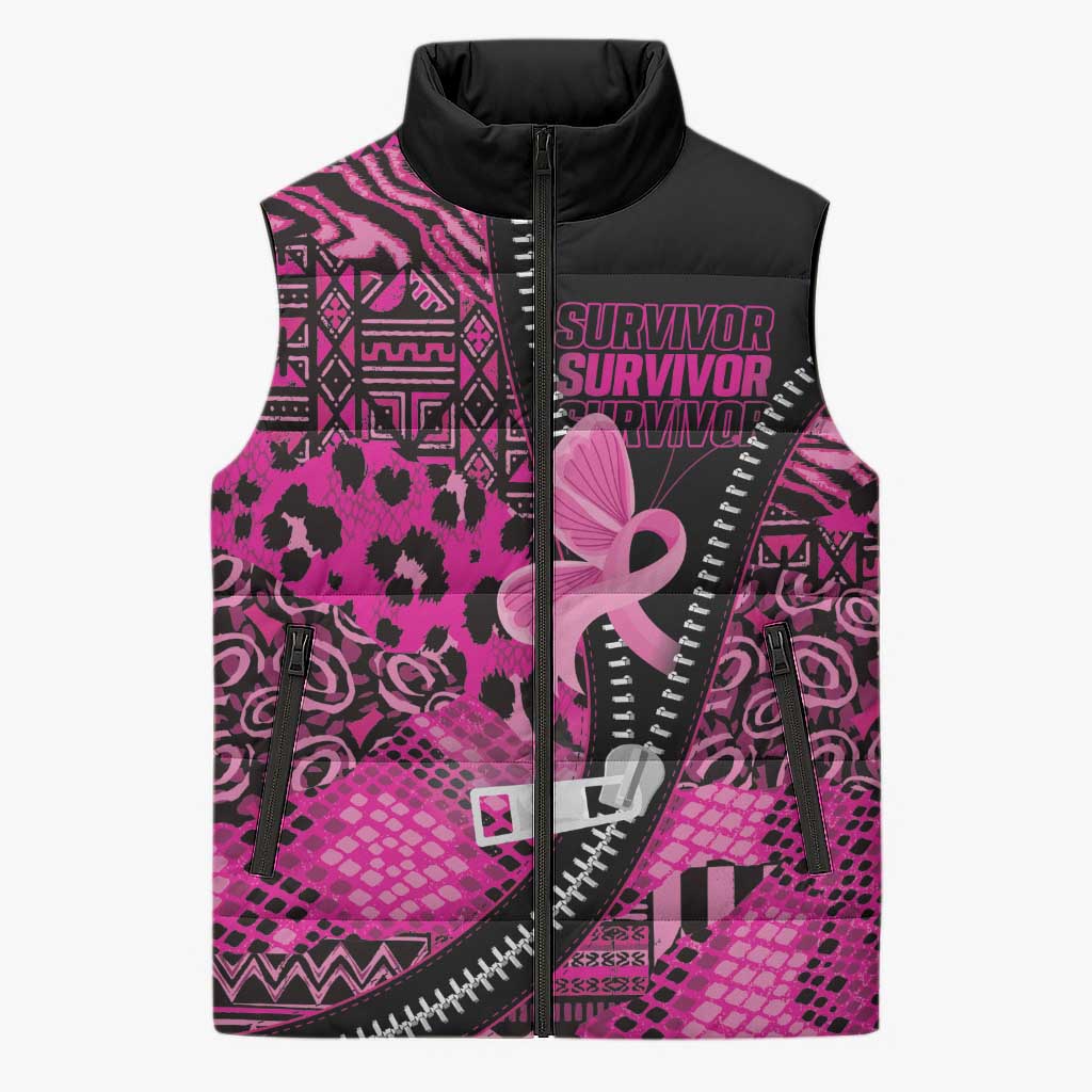 Pink Ribbon Animals Skin African Mixed Sleeveless Puffer Jacket Zipper Stylized