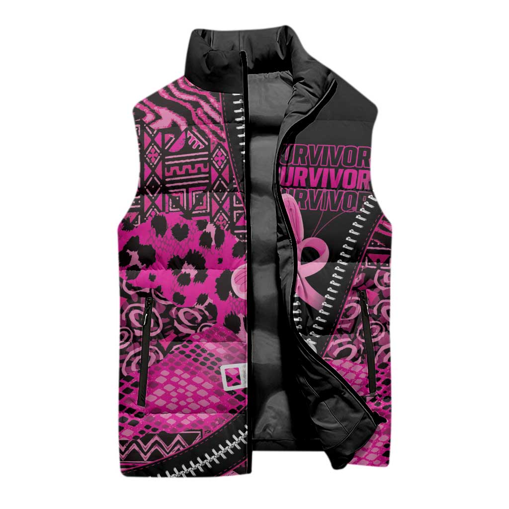 Pink Ribbon Animals Skin African Mixed Sleeveless Puffer Jacket Zipper Stylized