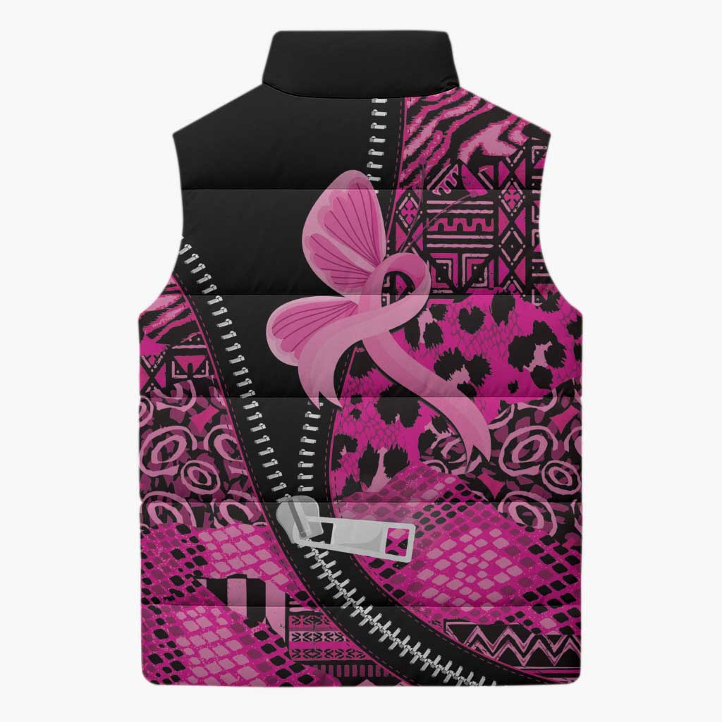 Pink Ribbon Animals Skin African Mixed Sleeveless Puffer Jacket Zipper Stylized