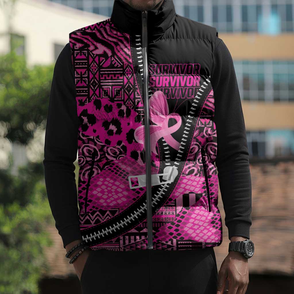 Pink Ribbon Animals Skin African Mixed Sleeveless Puffer Jacket Zipper Stylized