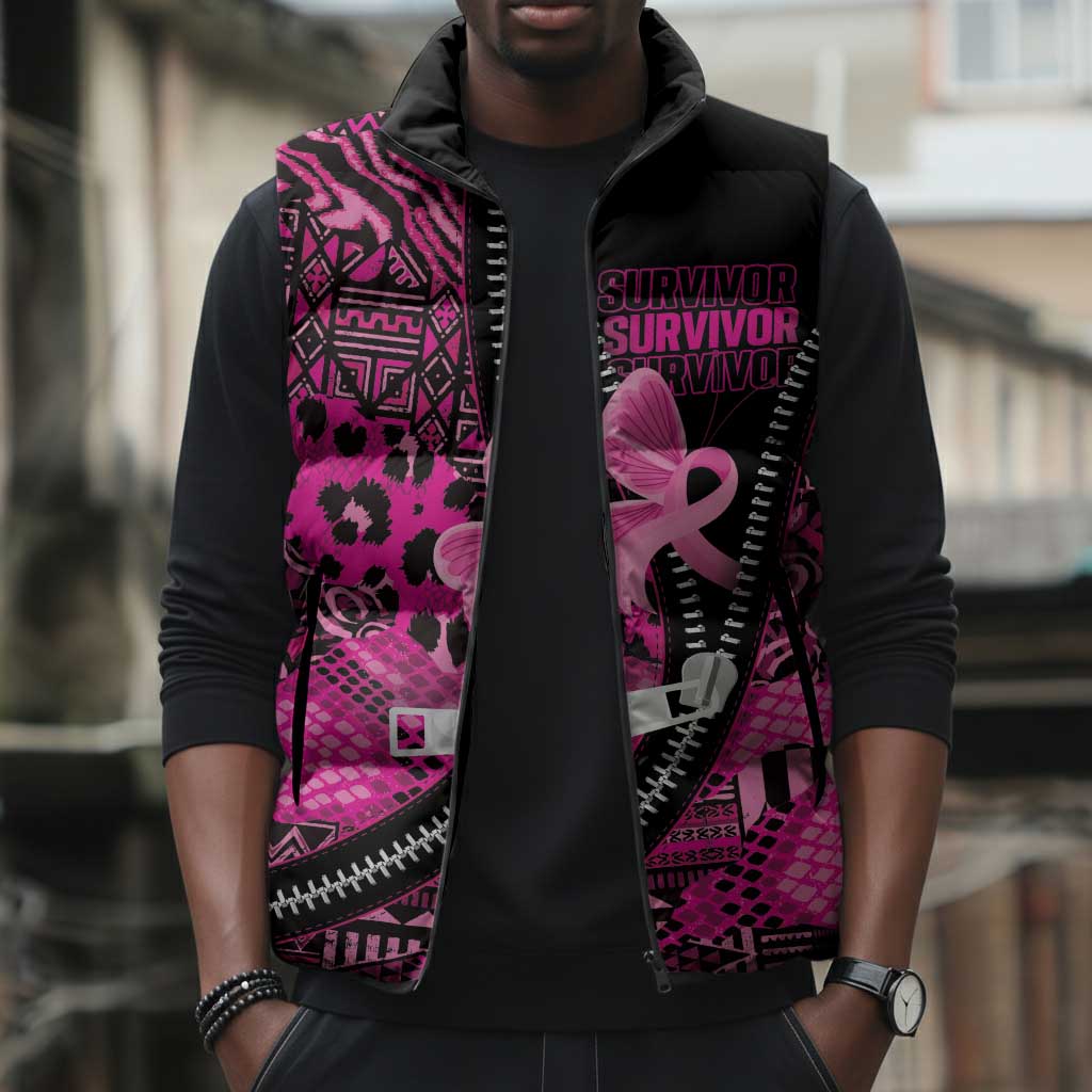 Pink Ribbon Animals Skin African Mixed Sleeveless Puffer Jacket Zipper Stylized