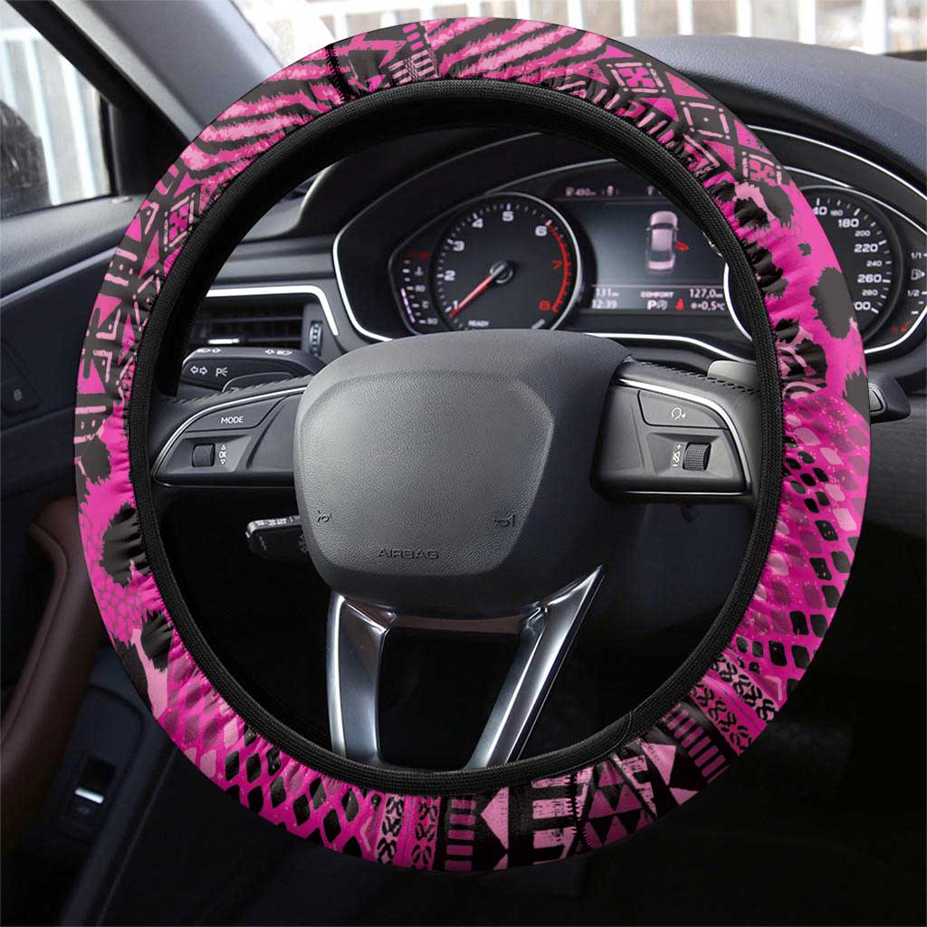 Pink Ribbon Animals Skin African Mixed Steering Wheel Cover Zipper Stylized - African Pride