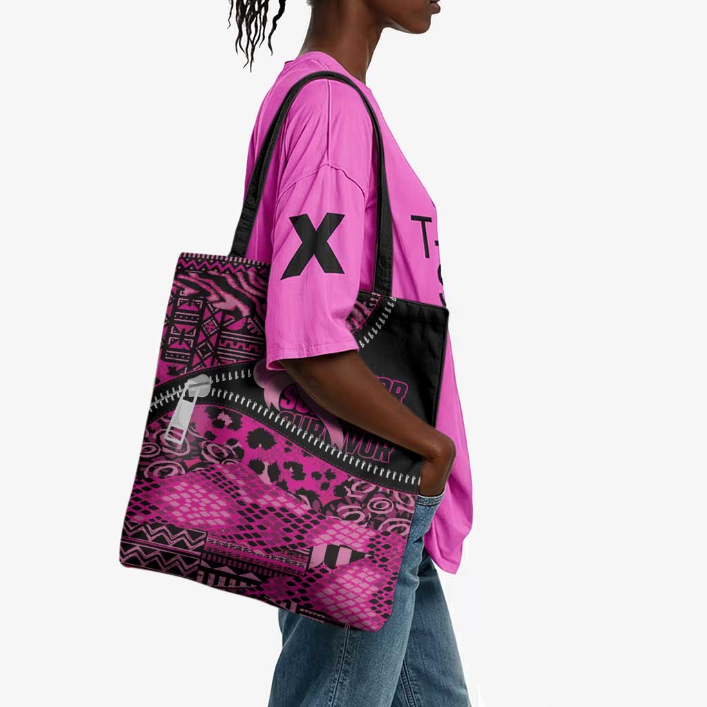 Pink Ribbon Animals Skin African Mixed Tote Bag Zipper Stylized