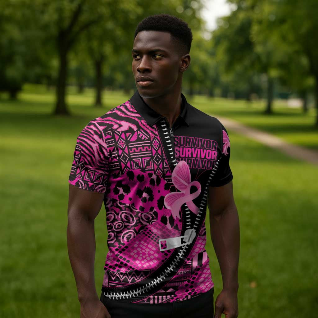 Pink Ribbon Animals Skin African Mixed Zipper Polo Shirt Zipper Stylized