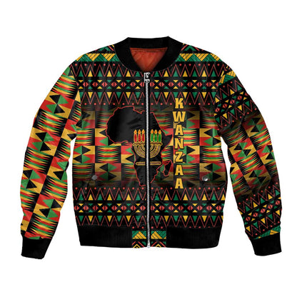 Kwanzaa Festival Bomber Jacket with Kinara Candles and African Pattern