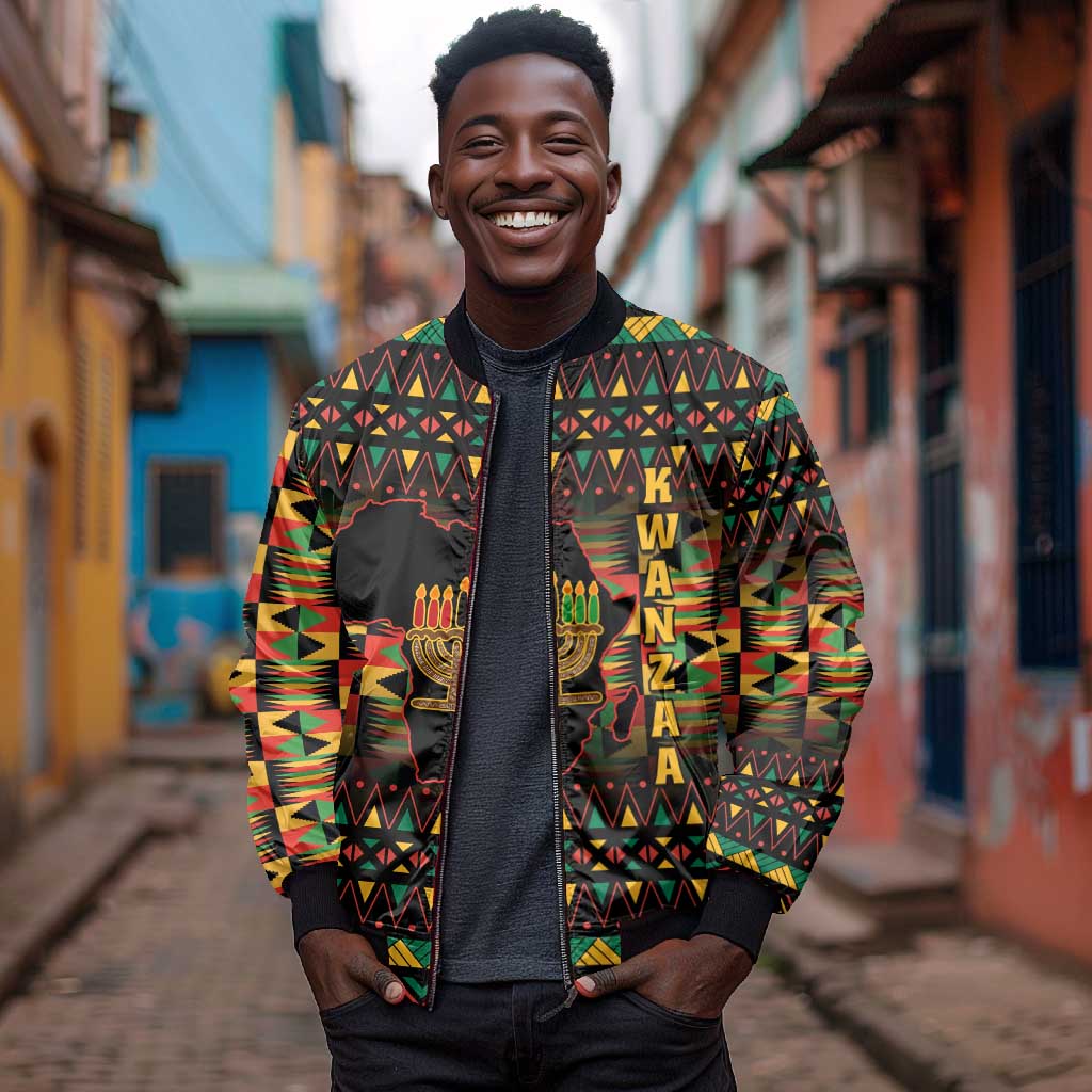 Kwanzaa Festival Bomber Jacket with Kinara Candles and African Pattern