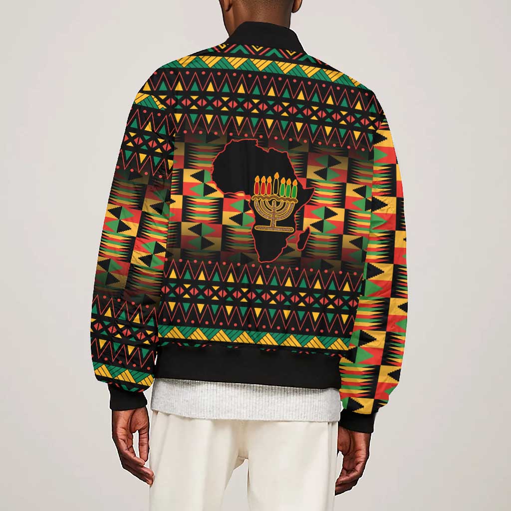 Kwanzaa Festival Bomber Jacket with Kinara Candles and African Pattern