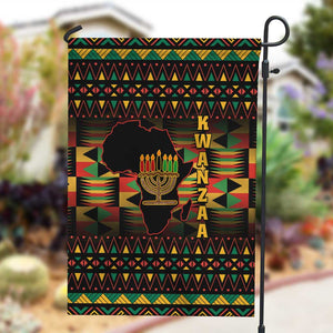 Kwanzaa Festival Garden Flag with Kinara Candles and African Pattern