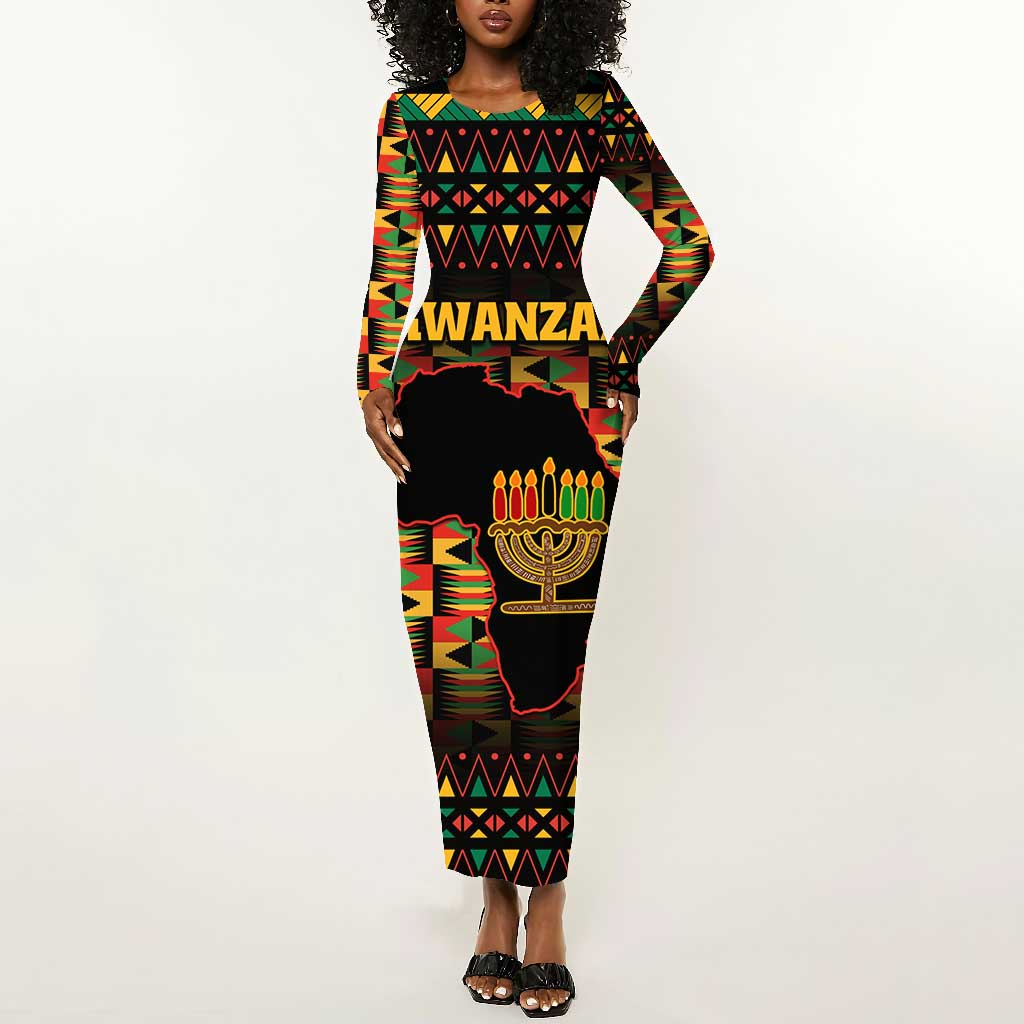 Kwanzaa Festival Long Sleeve Bodycon Dress with Kinara Candles and African Pattern