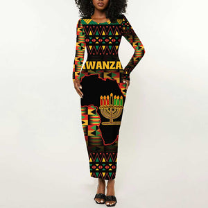 Kwanzaa Festival Long Sleeve Bodycon Dress with Kinara Candles and African Pattern