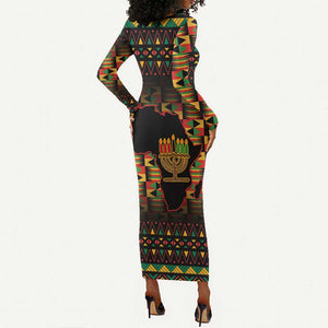 Kwanzaa Festival Long Sleeve Bodycon Dress with Kinara Candles and African Pattern