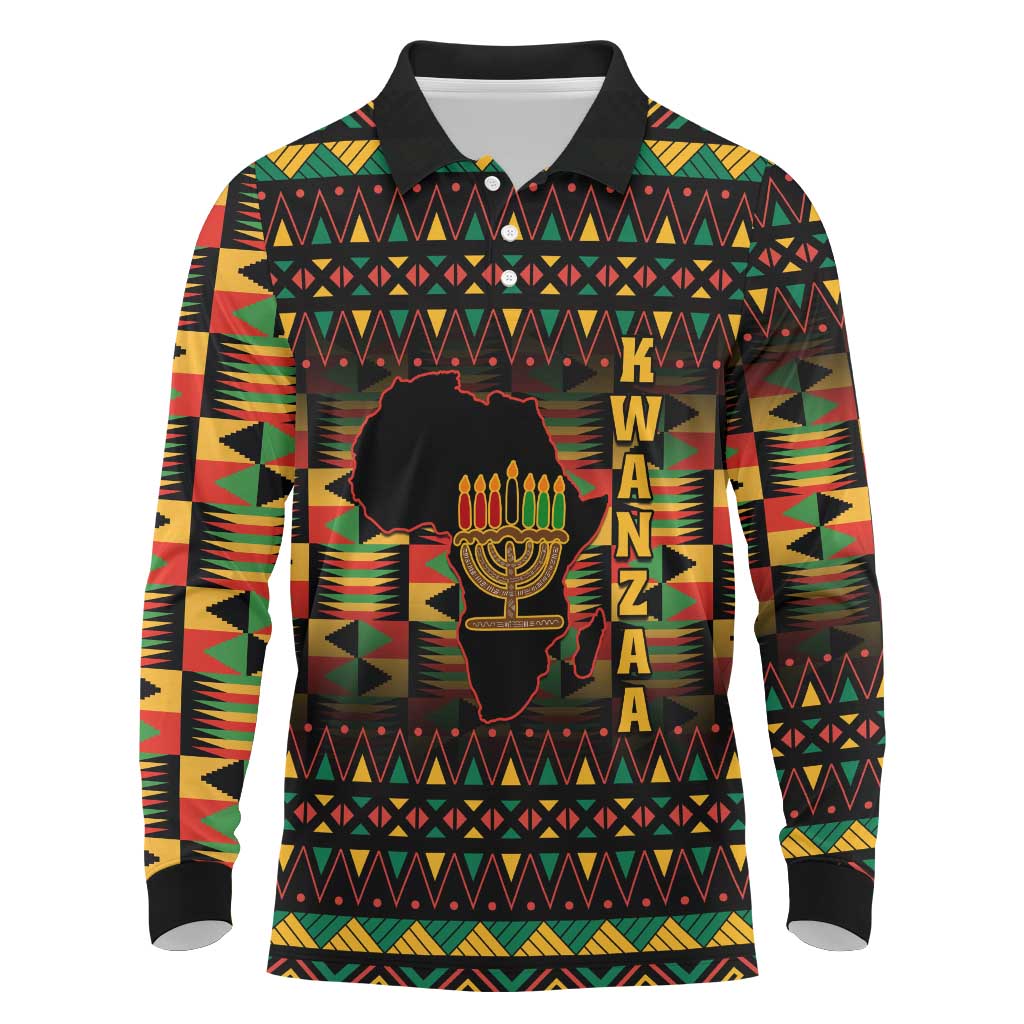 Kwanzaa Festival Long Sleeve Polo Shirt with Kinara Candles and African Pattern