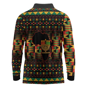 Kwanzaa Festival Long Sleeve Polo Shirt with Kinara Candles and African Pattern