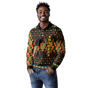 Kwanzaa Festival Long Sleeve Polo Shirt with Kinara Candles and African Pattern