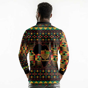 Kwanzaa Festival Long Sleeve Polo Shirt with Kinara Candles and African Pattern