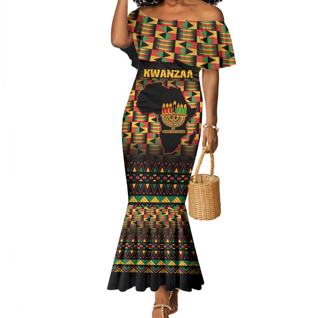 Kwanzaa Festival Mermaid Dress with Kinara Candles and African Pattern