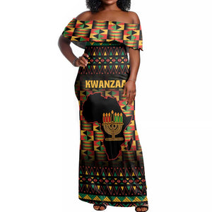 Kwanzaa Festival Off Shoulder Maxi Dress with Kinara Candles and African Pattern