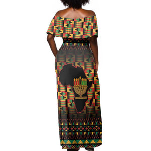 Kwanzaa Festival Off Shoulder Maxi Dress with Kinara Candles and African Pattern