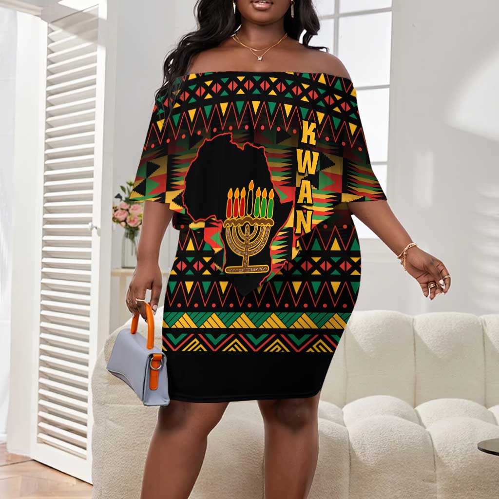 Kwanzaa Festival Off Shoulder Short Dress with Kinara Candles and African Pattern LT01