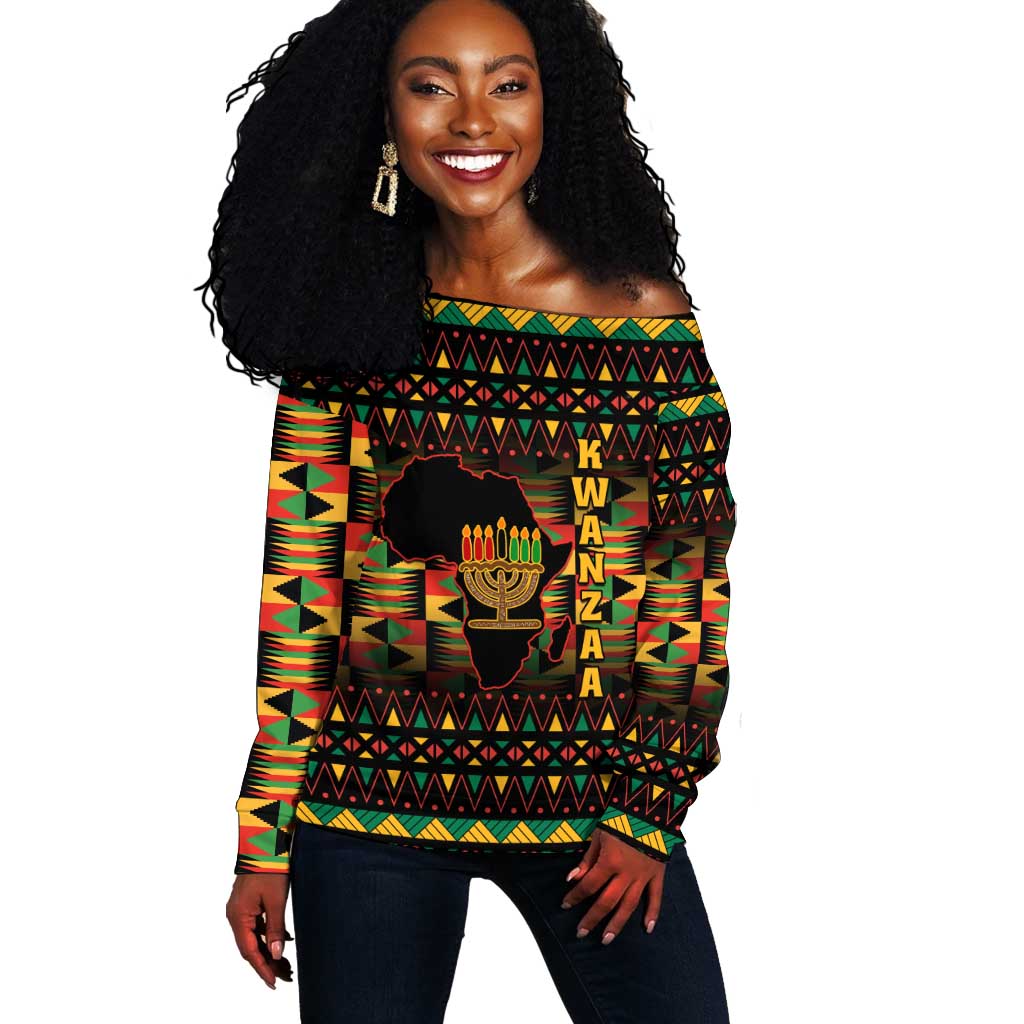 Kwanzaa Festival Off Shoulder Sweater with Kinara Candles and African Pattern