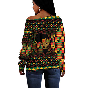 Kwanzaa Festival Off Shoulder Sweater with Kinara Candles and African Pattern