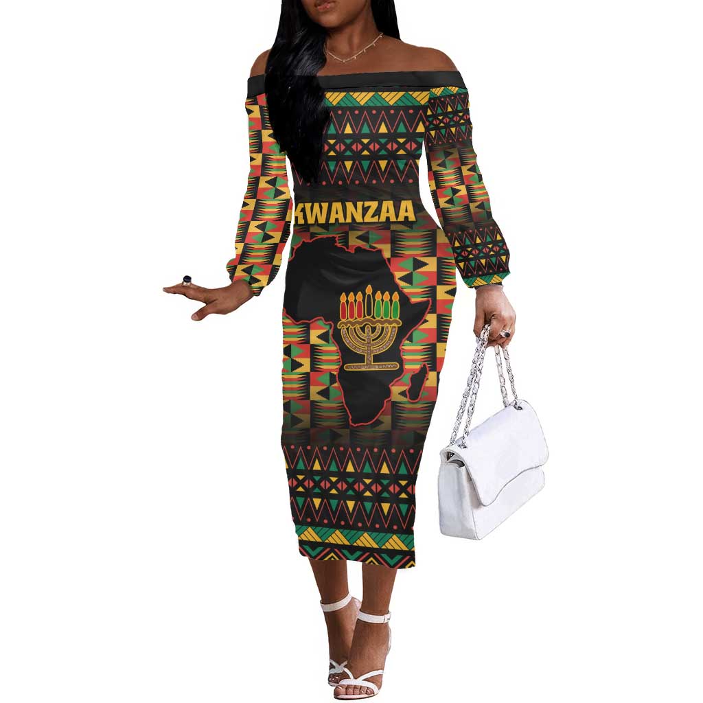 Kwanzaa Festival Off The Shoulder Long Sleeve Dress with Kinara Candles and African Pattern