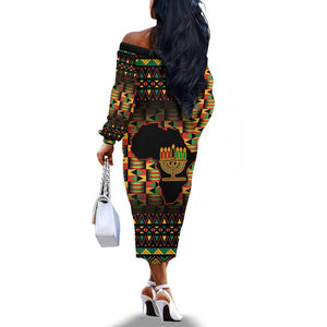 Kwanzaa Festival Off The Shoulder Long Sleeve Dress with Kinara Candles and African Pattern