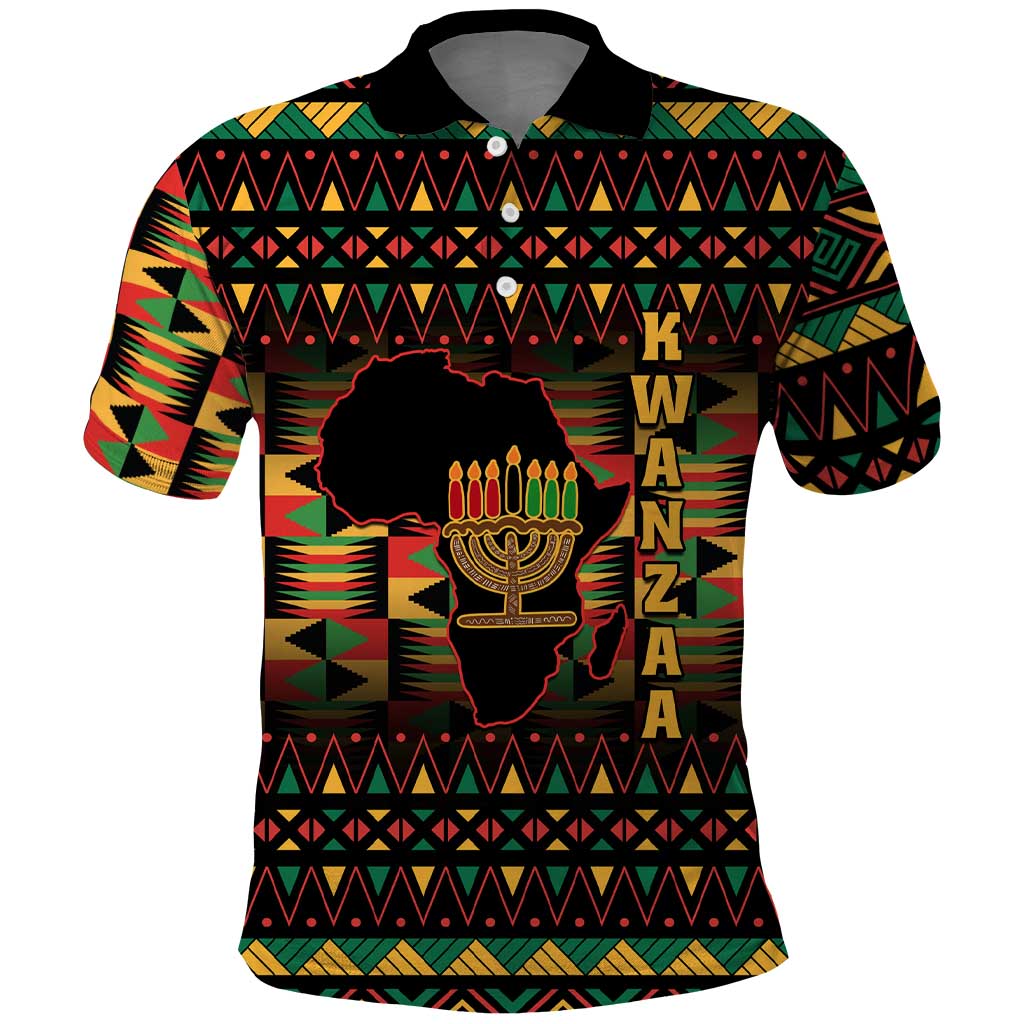 Kwanzaa Festival Polo Shirt with Kinara Candles and African Pattern