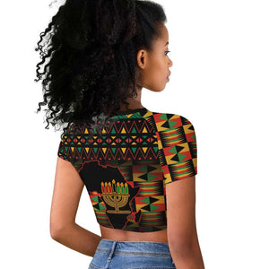 Kwanzaa Festival Raglan Cropped T shirt with Kinara Candles and African Pattern