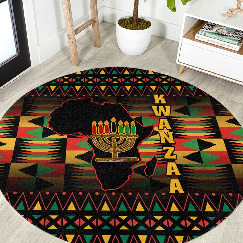 Kwanzaa Festival Round Carpet with Kinara Candles and African Pattern