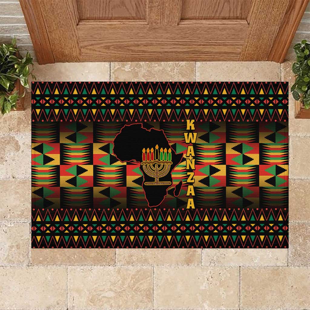 Kwanzaa Festival Rubber Doormat with Kinara Candles and African Pattern