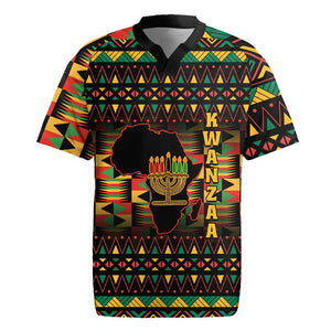 Kwanzaa Festival Rugby Jersey with Kinara Candles and African Pattern