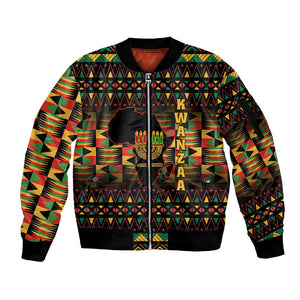 Kwanzaa Festival Sleeve Zip Bomber Jacket with Kinara Candles and African Pattern