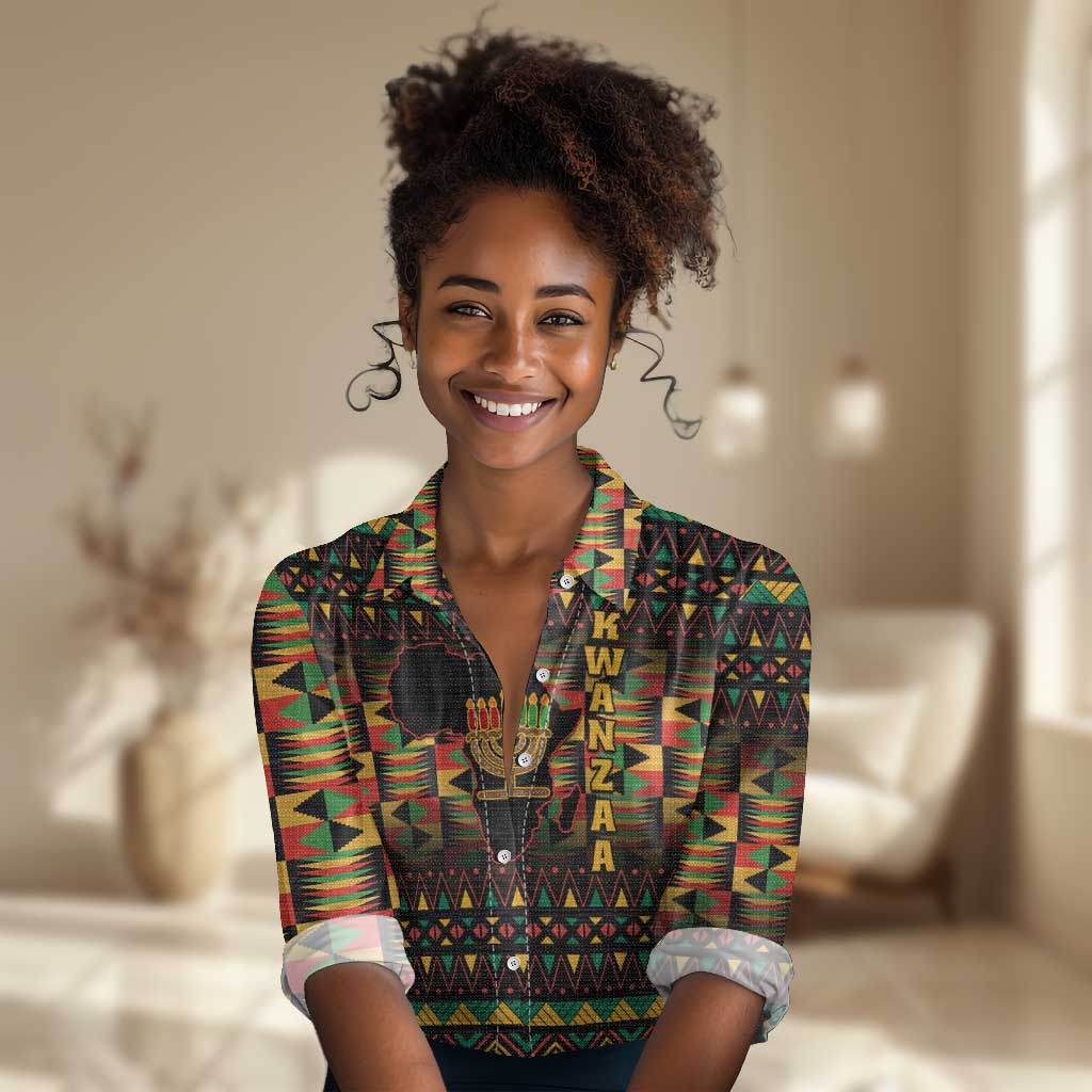 Kwanzaa Festival Women Casual Shirt with Kinara Candles and African Pattern